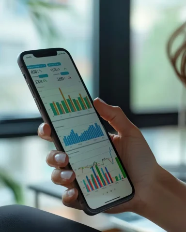 Closeup of a businesswomans hand holding a smartphone, with a financial app open and ample copy space, more clarity with clear light and sharp focus, high detailed